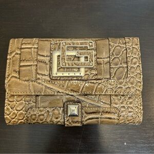 Guess Croc Embossed Patent Leather Tri-Fold Compact Wallet Taupe